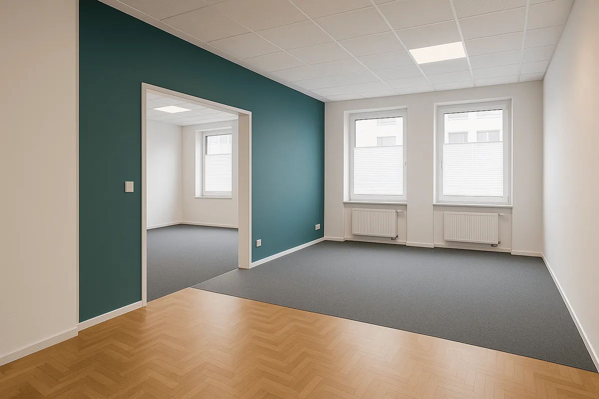 Büroraum mit Parkett und moderner Einrichtung