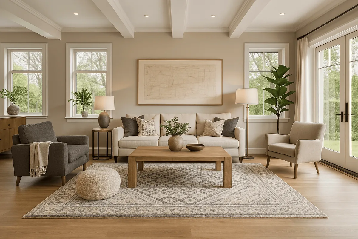 Wohnzimmer mit Parkett und heller Wandgestaltung